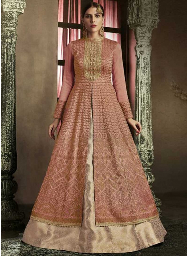 Rust Embroidery Resham Work Slub Silk Fabric Wedding Anarkali Suit